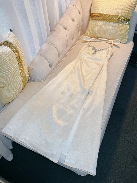 Elegant A line Spaghetti Straps Champagne Slit Prom Dresses Formal Summer Wedding Guest Dresses Wedding Guest Outfit simple gentle atmospheric and unique desi Bring summer colors to enhance whiteness