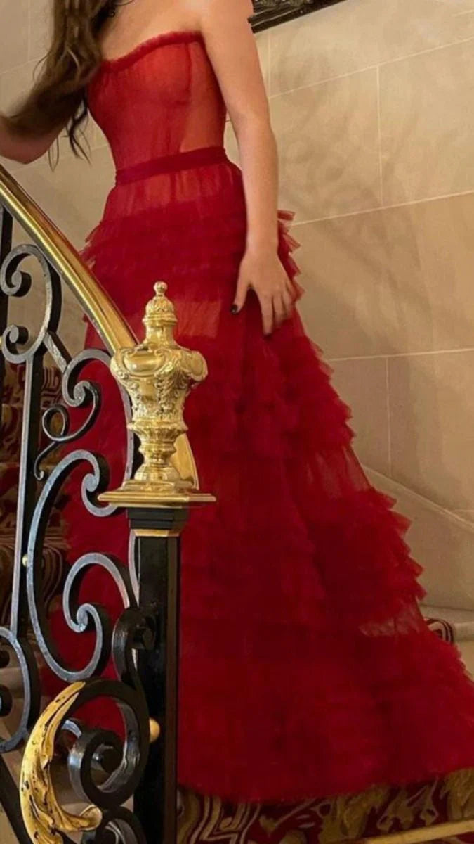 Elegant A line Sweetheart Red Tulle Long Prom Dresses Party Dress 21st Birthday Outfits Graduation Dresses