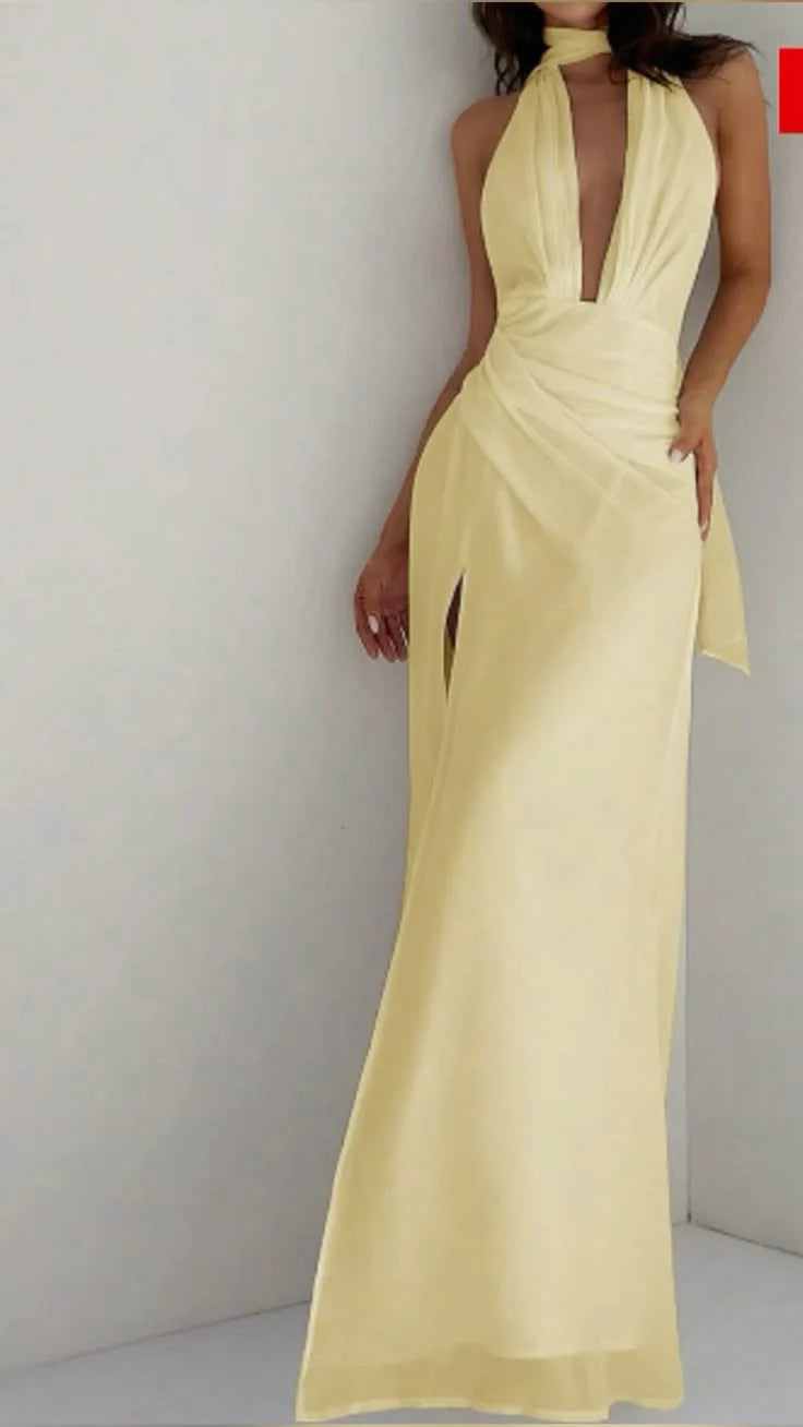 Elegant A line V Neck Yellow Chiffon Long Slit Prom Dresses Formal Summer Wedding Guest Dresses Wedding Guest Outfit simple gentle atmospheric and unique desi Bring summer colors to enhance whiteness