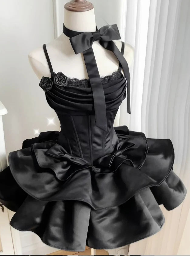 Elegant Black Spaghetti Straps Layered Short Birthday Party Dress 8th Grade Homecoming Dress simple gentle atmospheric and unique desi Bring summer colors to enhance whiteness