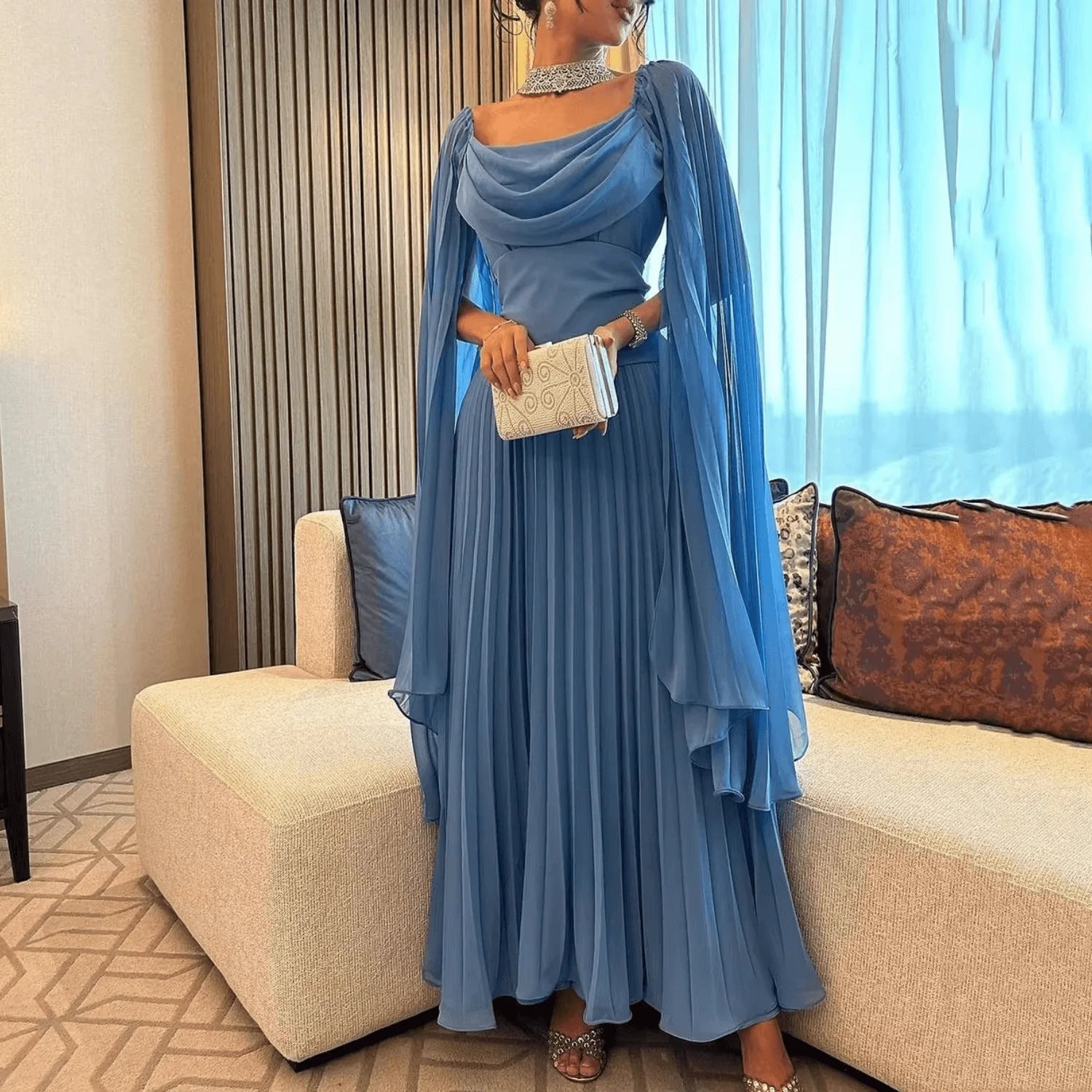Elegant Blue Chiffon Prom Dresses A-Line Ankle Length Party Dress simple gentle atmospheric and unique desi Bring summer colors to enhance whiteness