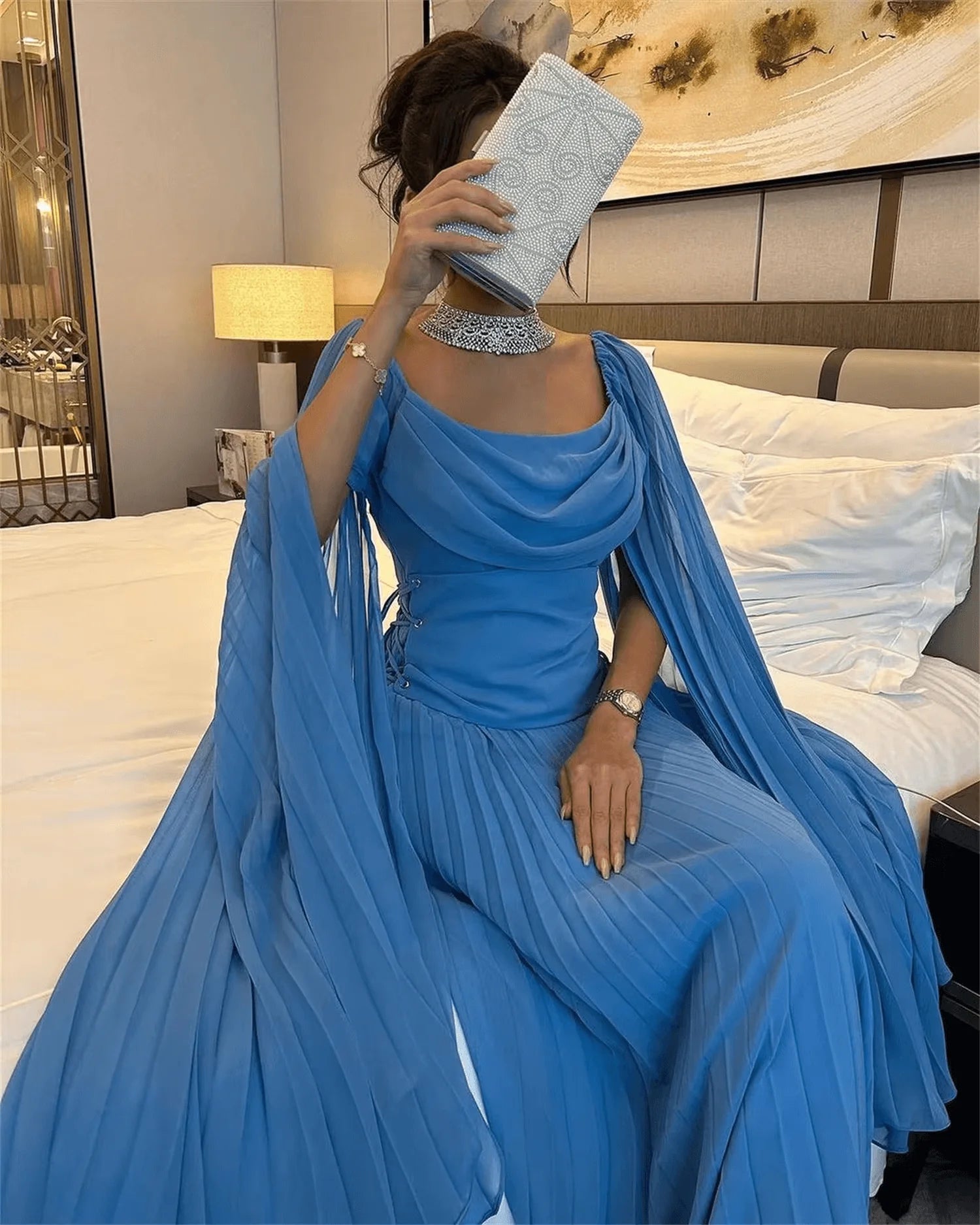 Elegant Blue Chiffon Prom Dresses A-Line Ankle Length Party Dress simple gentle atmospheric and unique desi Bring summer colors to enhance whiteness