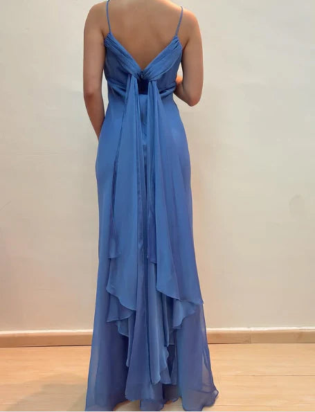 Elegant Blue Chiffon Sheath Prom Dress Party Gown simple gentle atmospheric and unique desi Bring summer colors to enhance whiteness