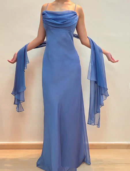 Elegant Blue Chiffon Sheath Prom Dress Party Gown simple gentle atmospheric and unique desi Bring summer colors to enhance whiteness