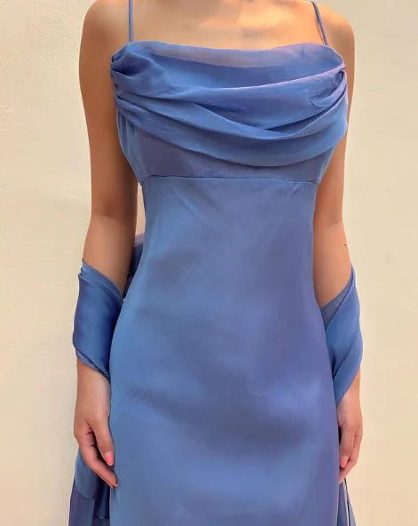 Elegant Blue Chiffon Sheath Prom Dress Party Gown simple gentle atmospheric and unique desi Bring summer colors to enhance whiteness