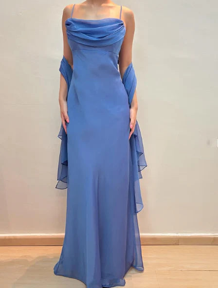 Elegant Blue Chiffon Sheath Prom Dress Party Gown simple gentle atmospheric and unique desi Bring summer colors to enhance whiteness
