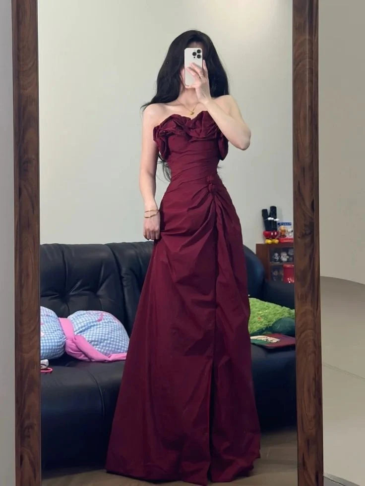 Elegant Burgundy A Line Strapless Satin Long Prom Dress Party Dress Evening Dress  simple gentle atmospheric and unique desi Bring summer colors to enhance whiteness