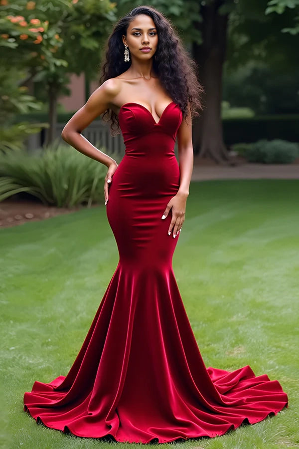 Elegant Burgundy Mermaid Strapless Long Prom Dress simple gentle atmospheric and unique desi Bring summer colors to enhance whiteness