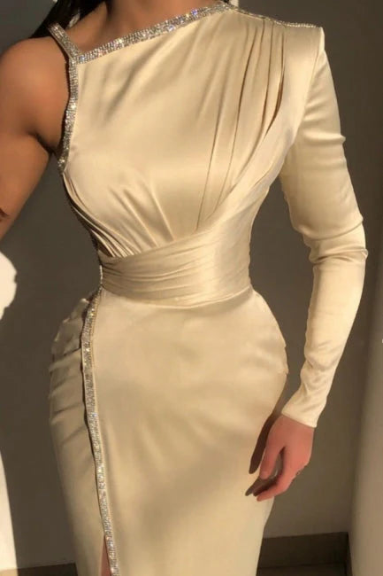 Elegant Champagne One Shoulder Long Sleeve Sheath Prom Dresses with Sequins simple gentle atmospheric and unique desi Bring summer colors to enhance whiteness