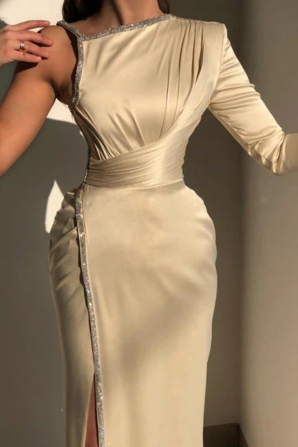 Elegant Champagne One Shoulder Long Sleeve Sheath Prom Dresses with Sequins simple gentle atmospheric and unique desi Bring summer colors to enhance whiteness