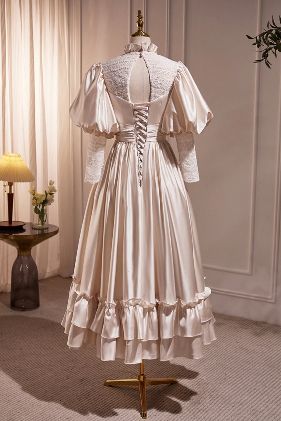 Retro Scoop Neck Lace Tea-length Prom Dress A-Line Puffy Short Sleeve Party Dress simple gentle atmospheric and unique desi Bring summer colors to enhance white