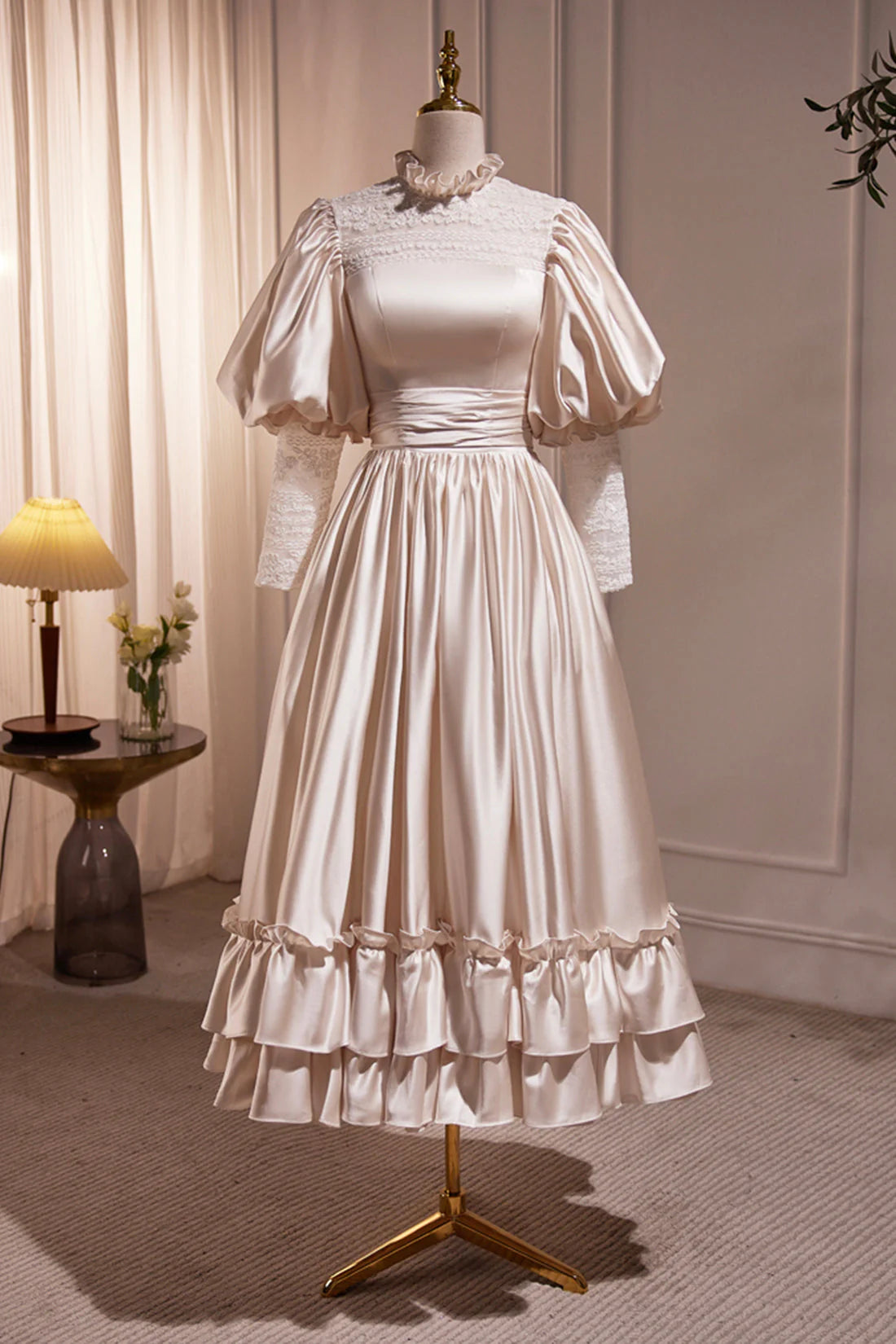 Retro Scoop Neck Lace Tea-length Prom Dress A-Line Puffy Short Sleeve Party Dress simple gentle atmospheric and unique desi Bring summer colors to enhance white