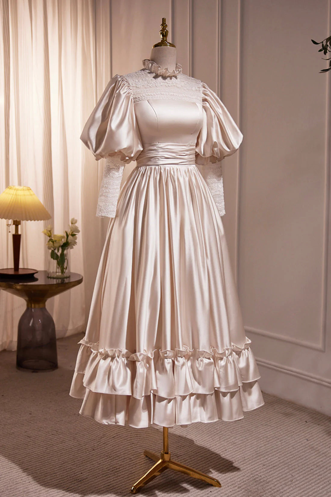 Retro Scoop Neck Lace Tea-length Prom Dress A-Line Puffy Short Sleeve Party Dress simple gentle atmospheric and unique desi Bring summer colors to enhance white