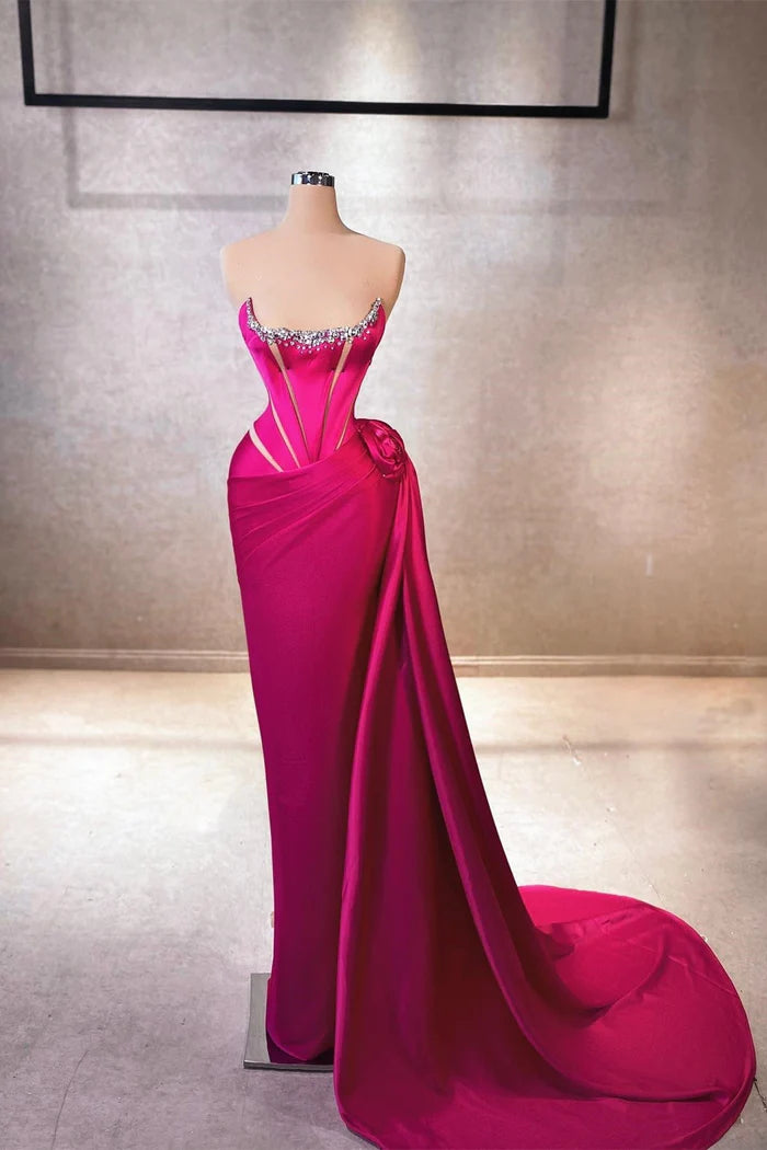 Elegant Column Square Sleeveless Rhinestone Satin Fuchsia Long Prom Gown Simple gentle atmospheric and unique design