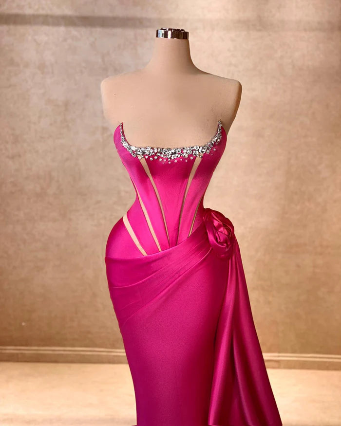 Elegant Column Square Sleeveless Rhinestone Satin Fuchsia Long Prom Gown Simple gentle atmospheric and unique design