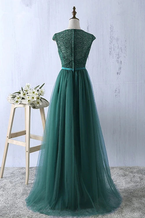 Elegant Dark Green Tulle Jewel Prom Dresses Sleeveless with Appliques Simple gentle atmospheric and unique design