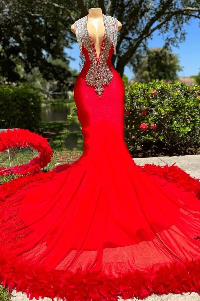 Elegant Deep V-neck Mermaid Ruby Feather Silver Beaded Prom Party Dresses Simple gentle atmospheric and unique design  ﻿