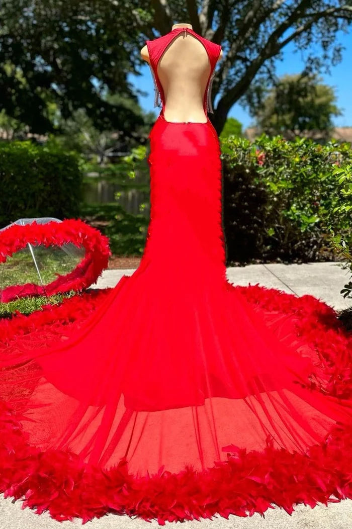 Elegant Deep V-neck Mermaid Ruby Feather Silver Beaded Prom Party Dresses Simple gentle atmospheric and unique design  ﻿
