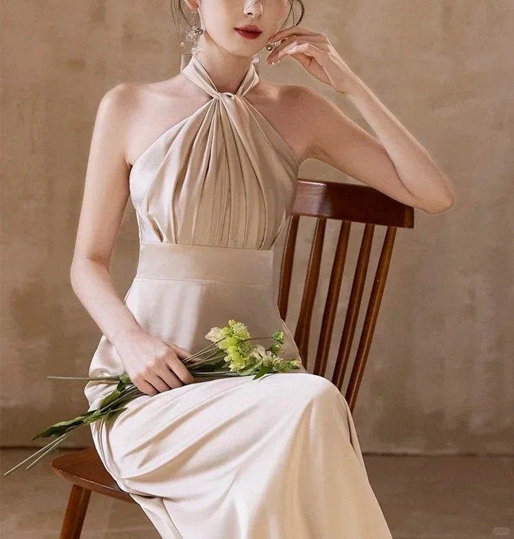 Elegant Fashion Long Satin Ball Gown Evening Dress Party simple gentle atmospheric and unique desi Bring summer colors to enhance whiteness