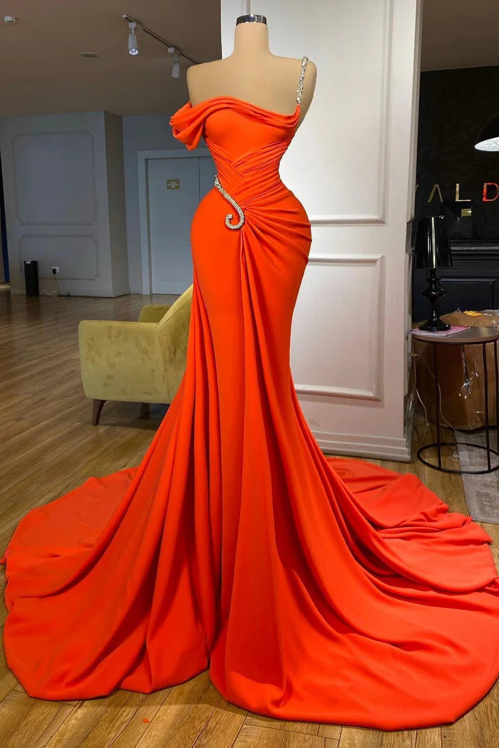 Elegant Floor-Length One-Shoulder Sleeveless Mermaid Satin Prom Dress with Ruffles Simple gentle atmospheric and unique design  ﻿