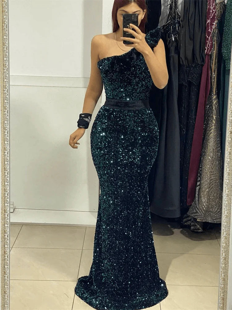 Elegant Glitter Green Sequins Mermaid Evening Dresses,One Shoulder Sparkly Prom Dress simple gentle atmospheric and unique desi Bring summer colors to enhance whiteness