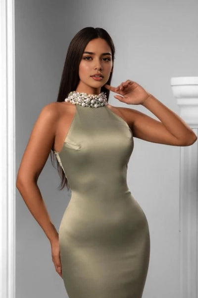 Elegant Halter Sleeveless Mermaid Satin Prom Dress with Beading Simple gentle atmospheric and unique design