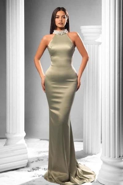 Elegant Halter Sleeveless Mermaid Satin Prom Dress with Beading Simple gentle atmospheric and unique design