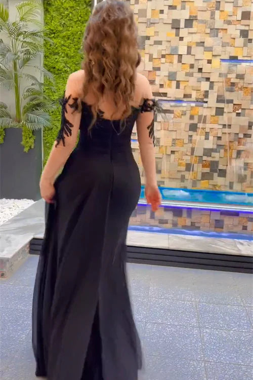 Elegant Long Black Mermaid Chiffon Lace Beaded Long Sleeves Prom Gown with Dramatic Slit Simple gentle atmospheric and unique design