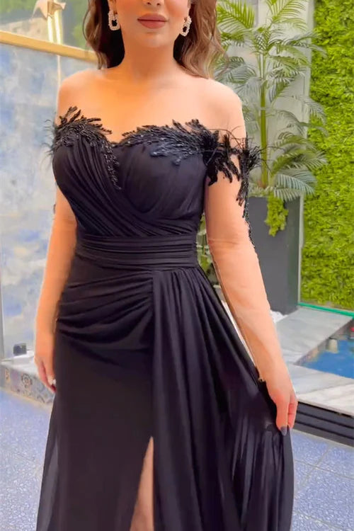 Elegant Long Black Mermaid Chiffon Lace Beaded Long Sleeves Prom Gown with Dramatic Slit Simple gentle atmospheric and unique design