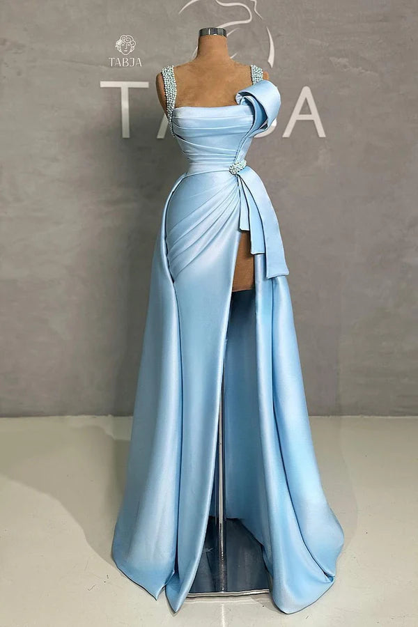 Elegant Long Blue A-line Straps Pearls Sleeveless Prom Gown With Slit Simple gentle atmospheric and unique design