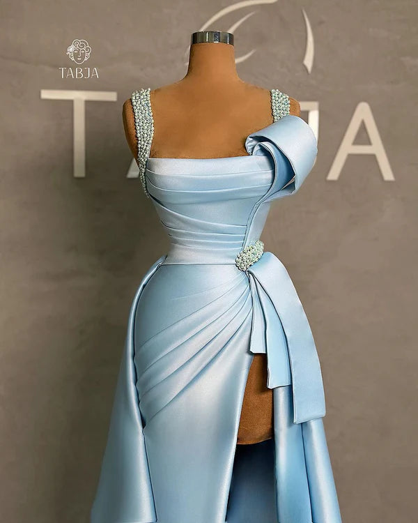 Elegant Long Blue A-line Straps Pearls Sleeveless Prom Gown With Slit Simple gentle atmospheric and unique design