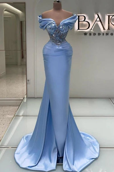 Elegant Long Blue Mermaid Off-the-shoulder Lace Beaded Sleeveless Prom Gown Simple gentle atmospheric and unique design