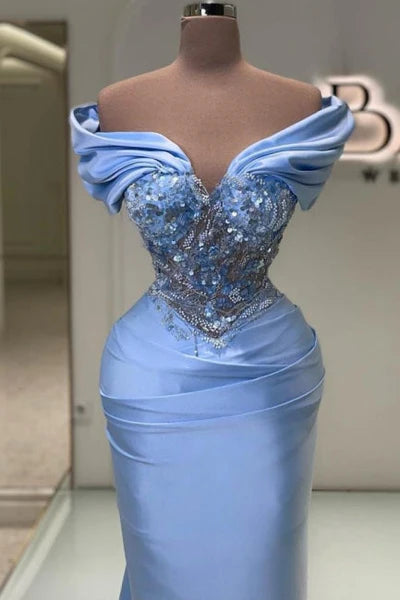 Elegant Long Blue Mermaid Off-the-shoulder Lace Beaded Sleeveless Prom Gown Simple gentle atmospheric and unique design