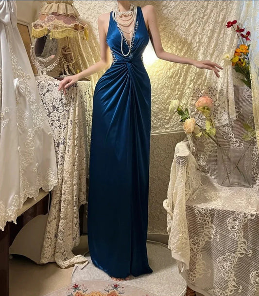 Elegant Long Satin Ball Gown Evening Gown Party Dress simple gentle atmospheric and unique desi Bring summer colors to enhance whiteness