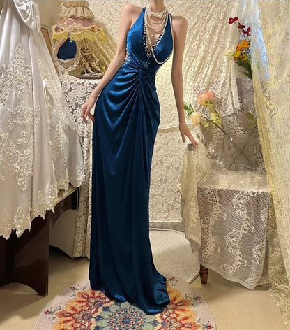 Elegant Long Satin Ball Gown Evening Gown Party Dress simple gentle atmospheric and unique desi Bring summer colors to enhance whiteness