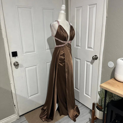 Elegant Long Satin V Neck Ball Gown Evening Dress Party Dress simple gentle atmospheric and unique desi Bring summer colors to enhance whiteness