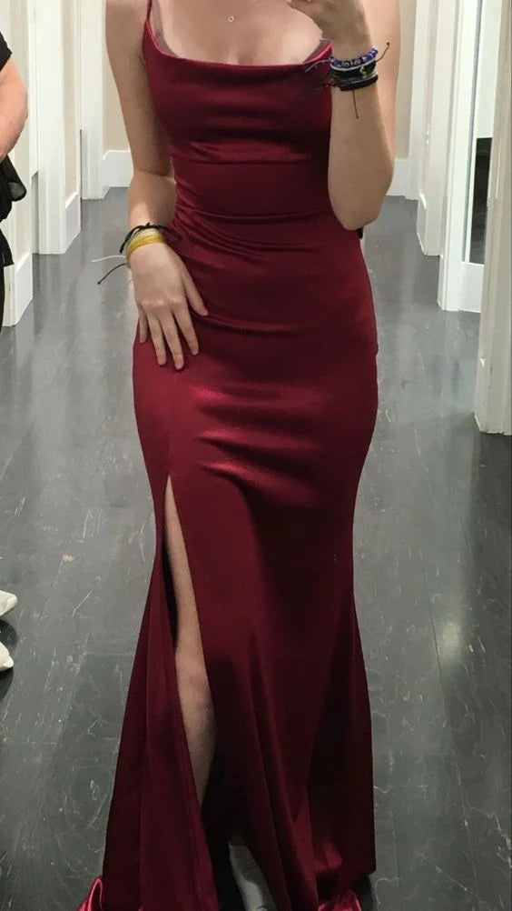 Elegant Mermaid Burgundy Slit Satin Long Prom Dress simple gentle atmospheric and unique desi Bring summer colors to enhance whiteness