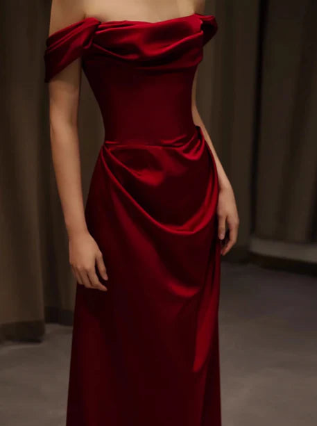 Elegant Mermaid Off The Shoulder Burgundy Satin Prom Dresses Formal Summer Wedding Guest Dresses Wedding Guest Outfits simple gentle atmospheric and unique desi Bring summer colors to enhance whiteness