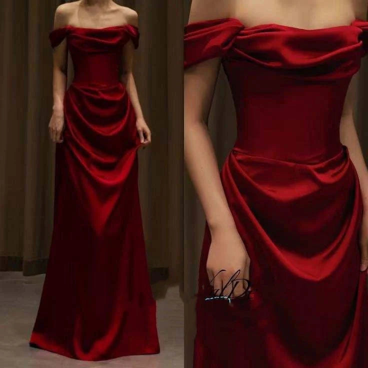 Elegant Mermaid Off The Shoulder Burgundy Satin Prom Dresses Formal Summer Wedding Guest Dresses Wedding Guest Outfits simple gentle atmospheric and unique desi Bring summer colors to enhance whiteness