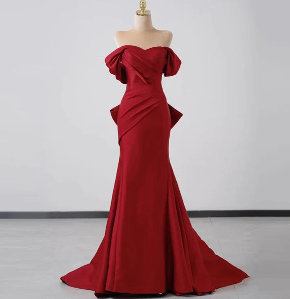 Elegant Mermaid Off The Shoulder Red Satin Prom Dresses Formal Summer Wedding Guest Dresses Wedding Guest Outfits simple gentle atmospheric and unique desi Bring summer colors to enhance whiteness