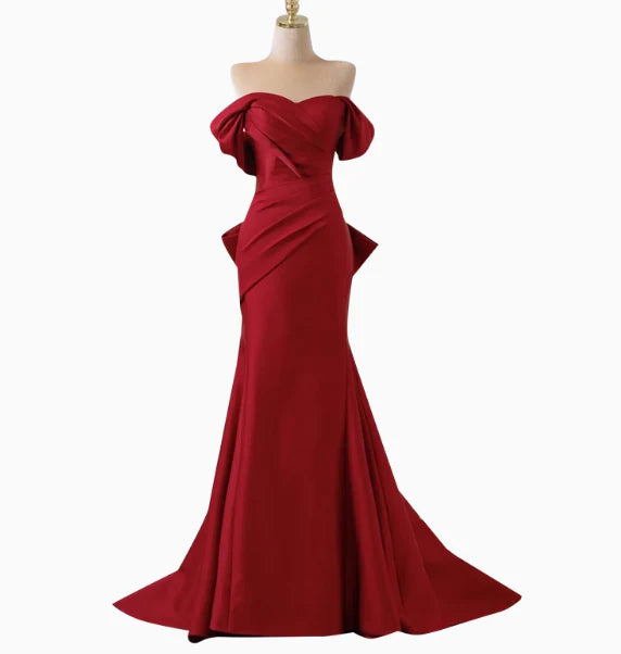 Elegant Mermaid Off The Shoulder Red Satin Prom Dresses Formal Summer Wedding Guest Dresses Wedding Guest Outfits simple gentle atmospheric and unique desi Bring summer colors to enhance whiteness