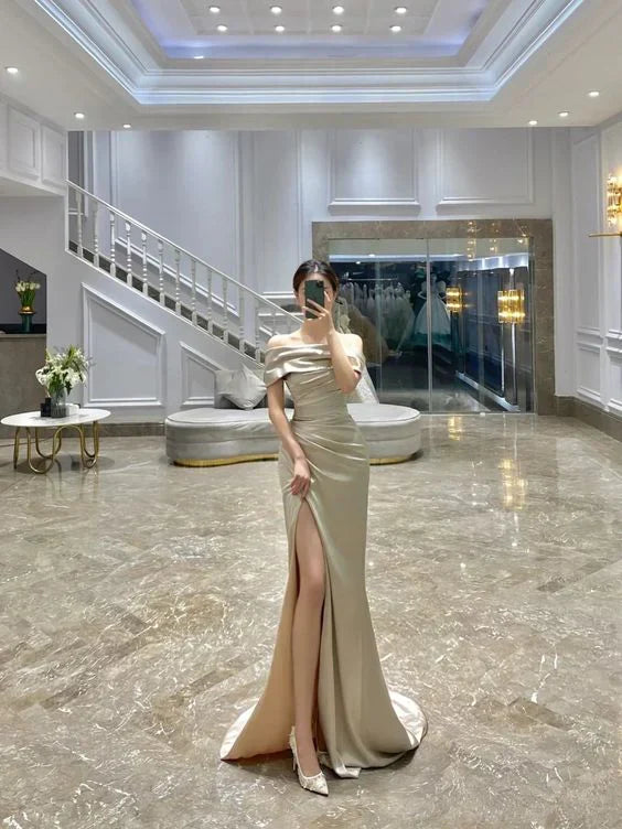 Elegant Mermaid Off The Shoulder Ruffles Satin Slit Prom Dresses Evening Dress formal wear dresses simple gentle atmospheric and unique desi Bring summer colors to enhance whiteness