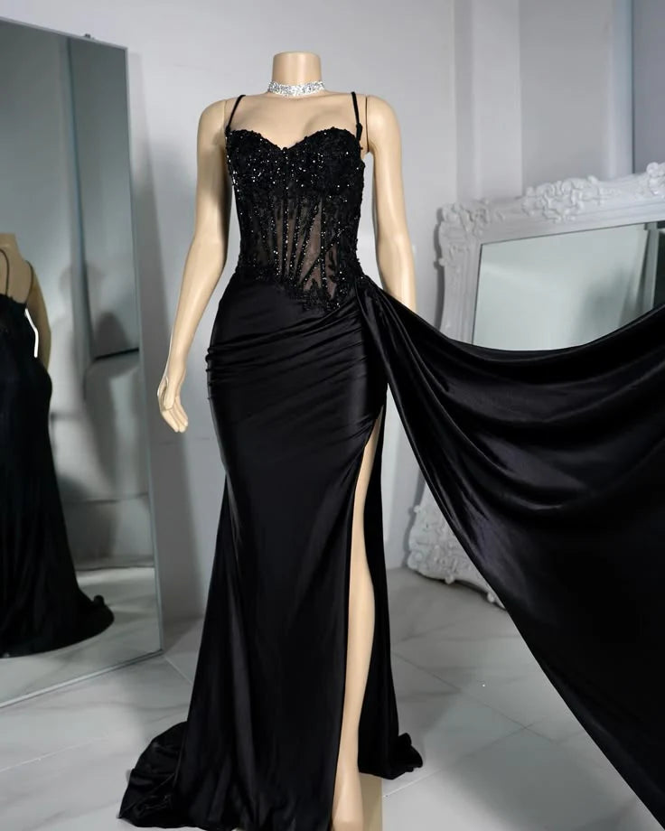 Elegant Mermaid Spaghetti Straps Satin Slit Black Long Prom Dresses Party Dress 18th Birthday Outfits Graduation Dresses