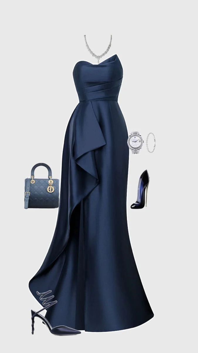 Elegant Mermaid Sweetheart Navy Blue Satin Prom Dresses Formal Summer Wedding Guest Dress Wedding Guest Outfits  simple gentle atmospheric and unique desi Bring summer colors to enhance whiteness