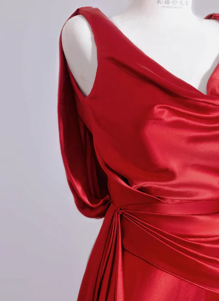 Elegant Mermaid V Neck Red Satin Prom Dresses Formal Summer Wedding Guest Dresses Wedding Guest Outfits simple gentle atmospheric and unique desi Bring summer colors to enhance whiteness