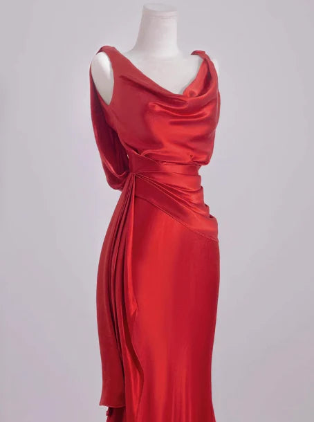 Elegant Mermaid V Neck Red Satin Prom Dresses Formal Summer Wedding Guest Dresses Wedding Guest Outfits simple gentle atmospheric and unique desi Bring summer colors to enhance whiteness