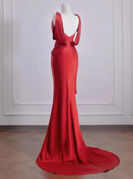 Elegant Mermaid V Neck Red Satin Prom Dresses Formal Summer Wedding Guest Dresses Wedding Guest Outfits simple gentle atmospheric and unique desi Bring summer colors to enhance whiteness