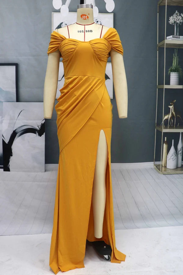 Elegant Off-the-Shoulder Mermaid Evening Dress Long Slit Simple gentle atmospheric and unique design