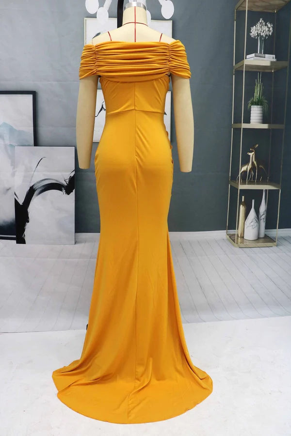 Elegant Off-the-Shoulder Mermaid Evening Dress Long Slit Simple gentle atmospheric and unique design