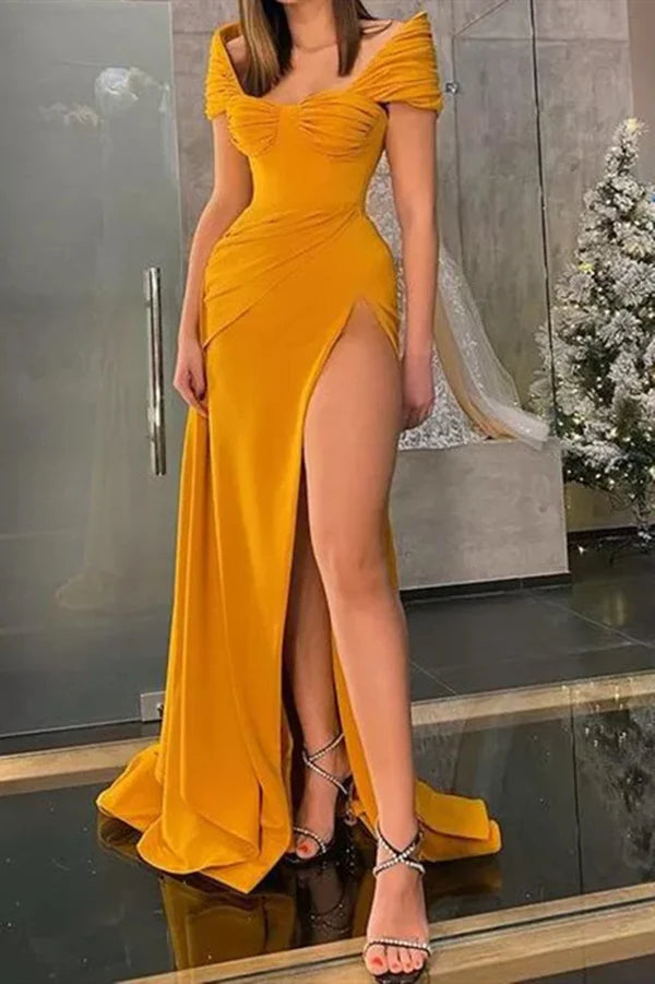 Elegant Off-the-Shoulder Mermaid Evening Dress Long Slit Simple gentle atmospheric and unique design